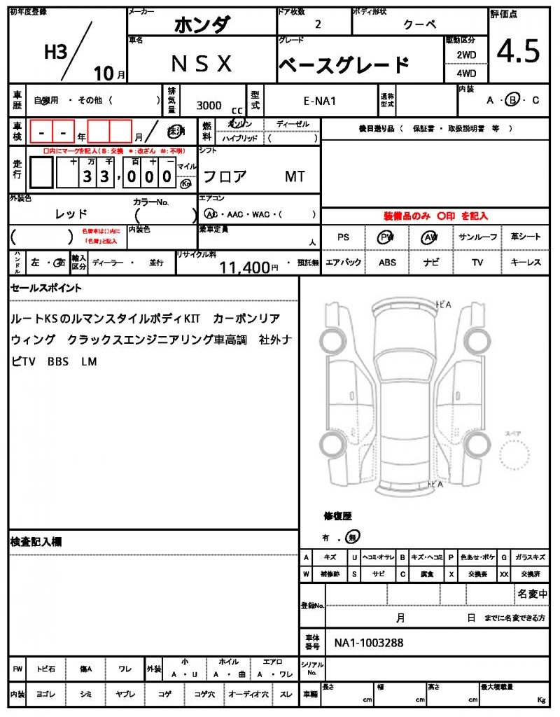 1991/10 (H3/10)  HONDA NSX ベースグレード